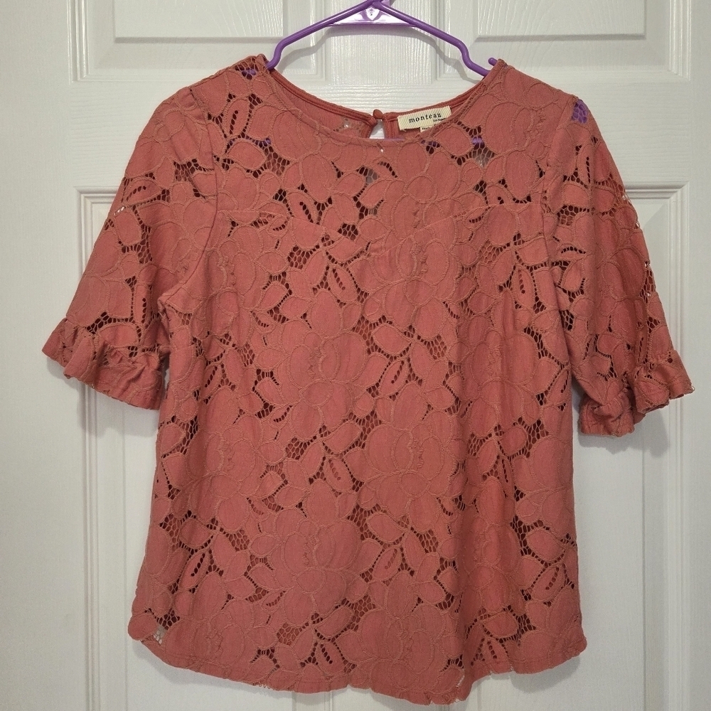 Monteau Lace Over Solid Matching Tank Sweetheart Short Sleeve Top Size Medium